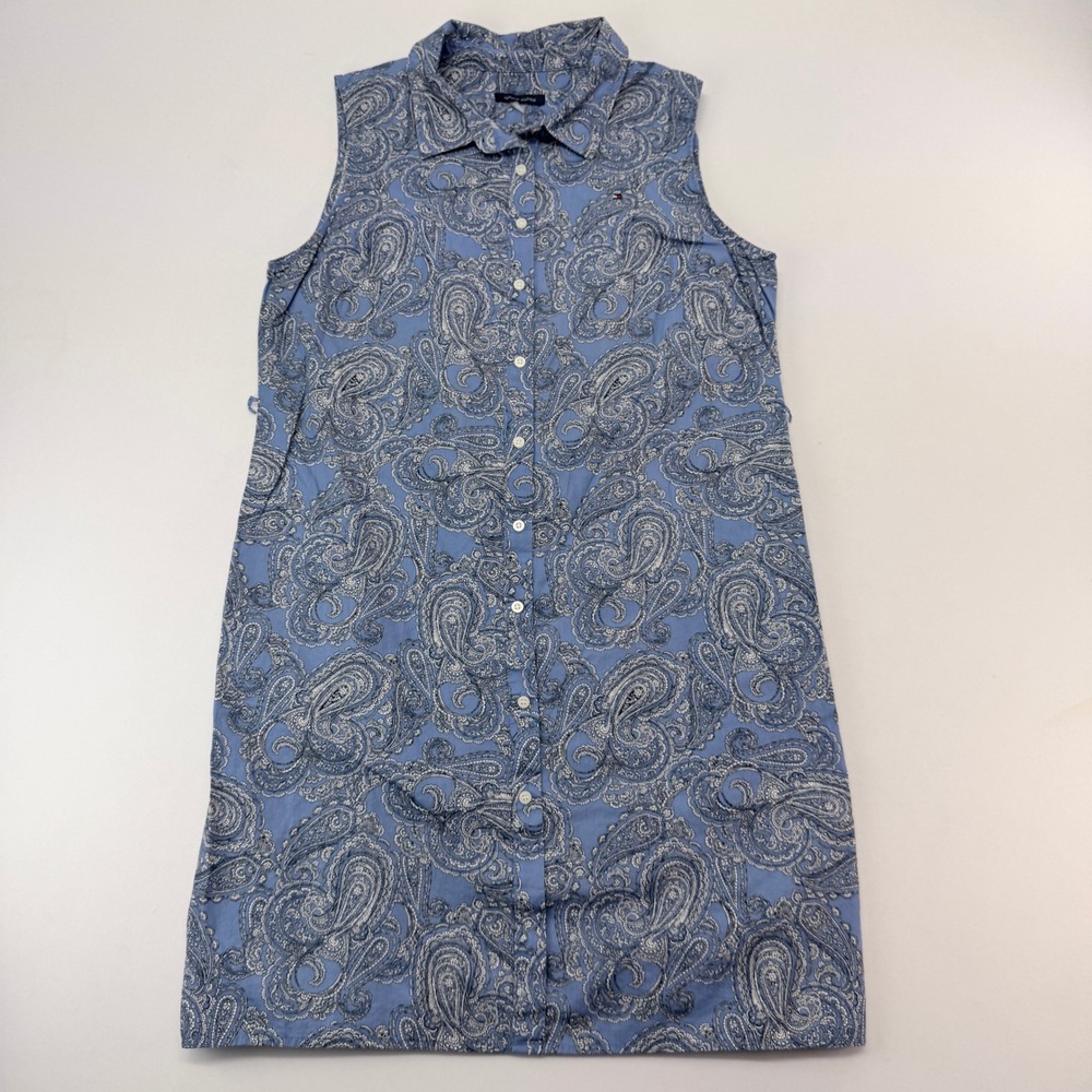Tommy Hilfiger Blue Paisley Sleeveless Button Down Shirt Dress Size 12